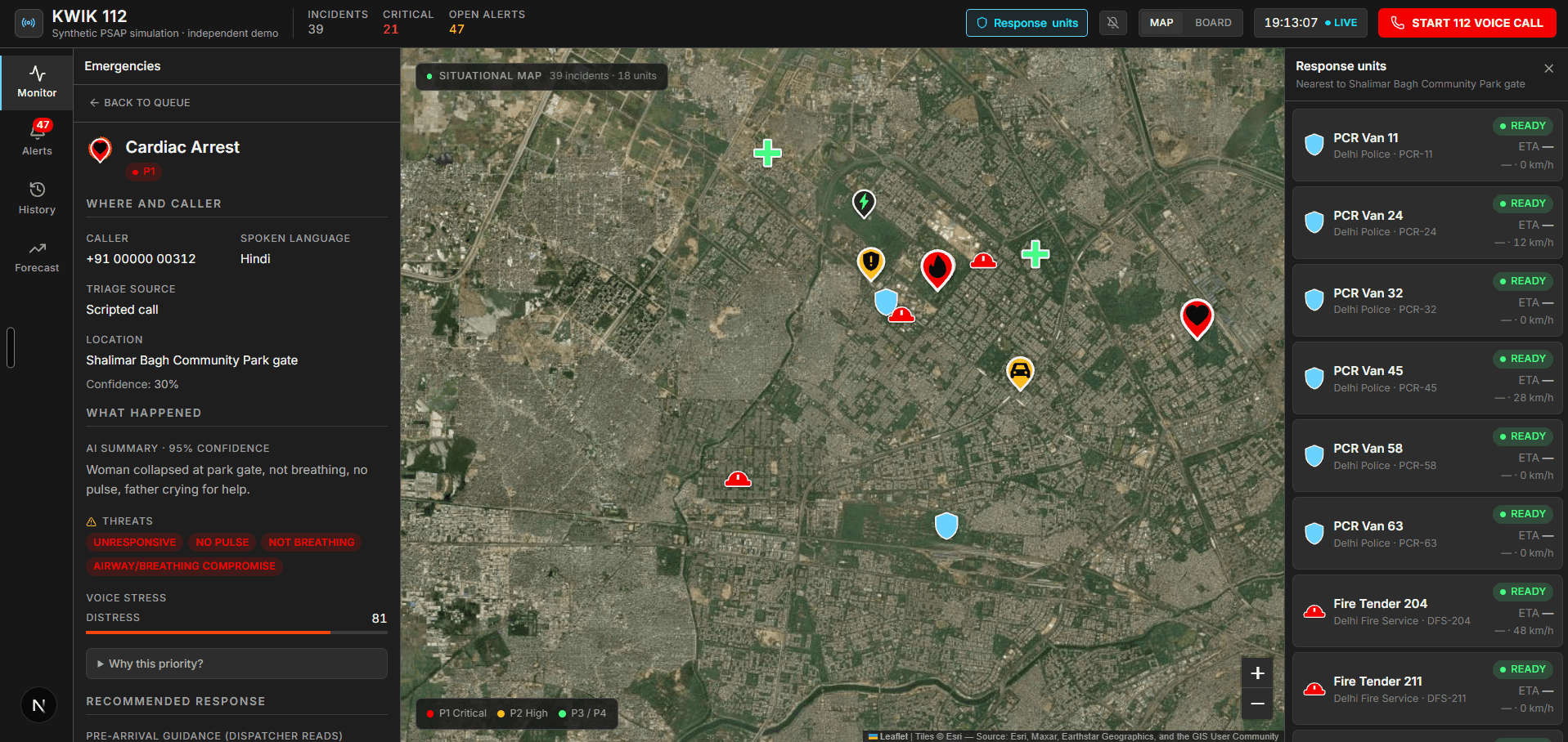 KWIK 112 dispatcher console showing a cardiac arrest incident on the Delhi situational map